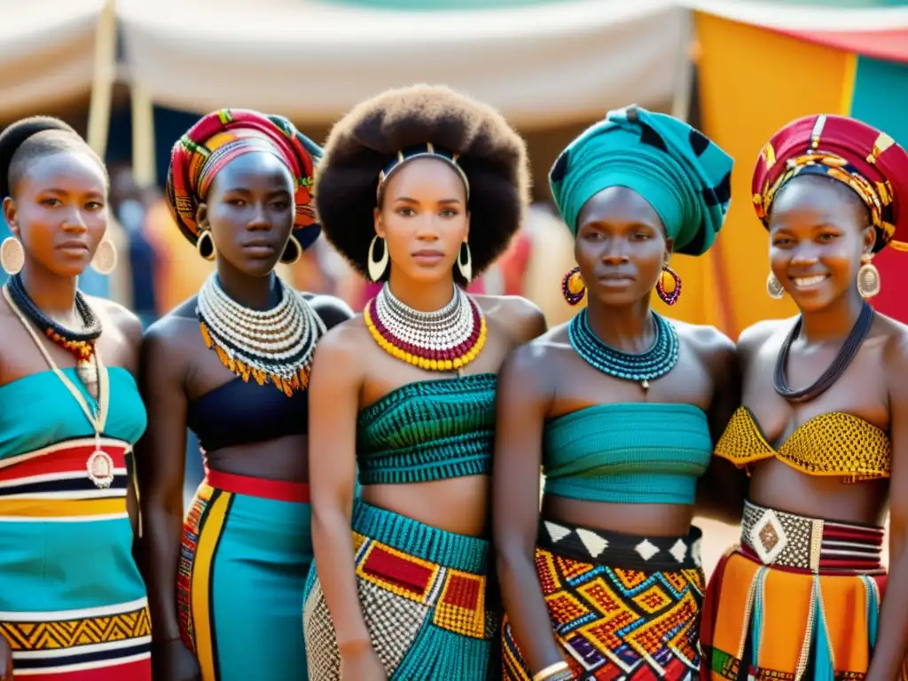 Un mercado africano bullicioso muestra mujeres de diferentes tribus vistiendo coloridas vestimentas tradicionales con significado cultural