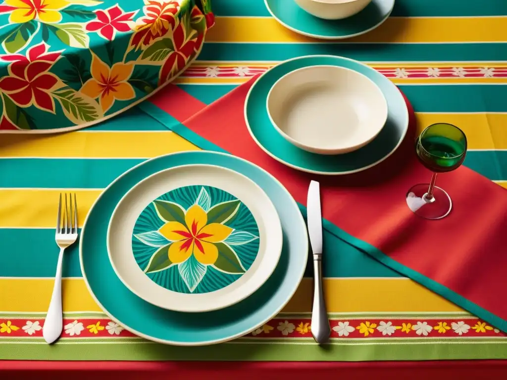 Una mesa elegantemente decorada con mantelería inspirada en danzas del mundo, fusionando tradición y modernidad