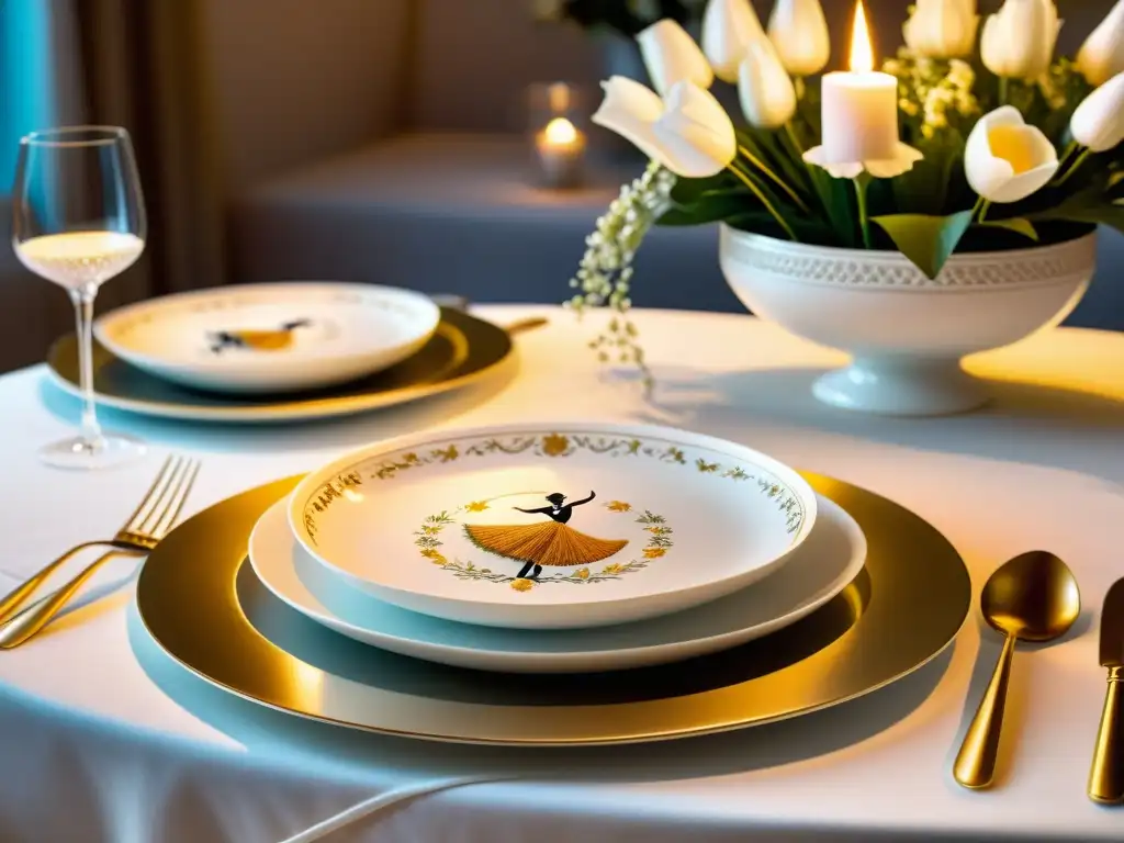 Una mesa elegante con mantelería inspirada en danzas del mundo, vajilla de bailarinas en pose de ballet y una deslumbrante arreglos florales