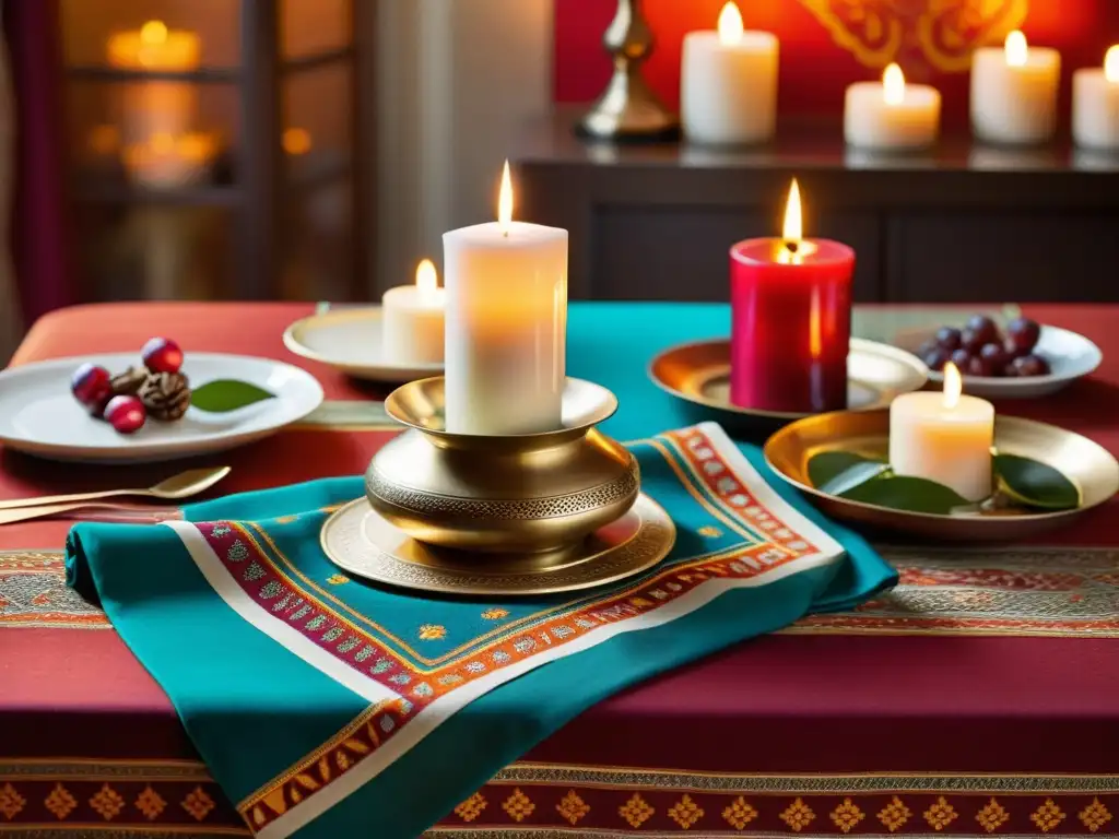 Una mesa festiva decorada con velas y aromas inspirados en la danza, evocando una atmósfera cálida y vibrante