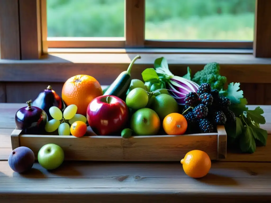 Una mesa rústica con alimentos para controlar ansiedad escénica: frutas y verduras coloridas, frescas y apetitosas, iluminadas por la luz natural