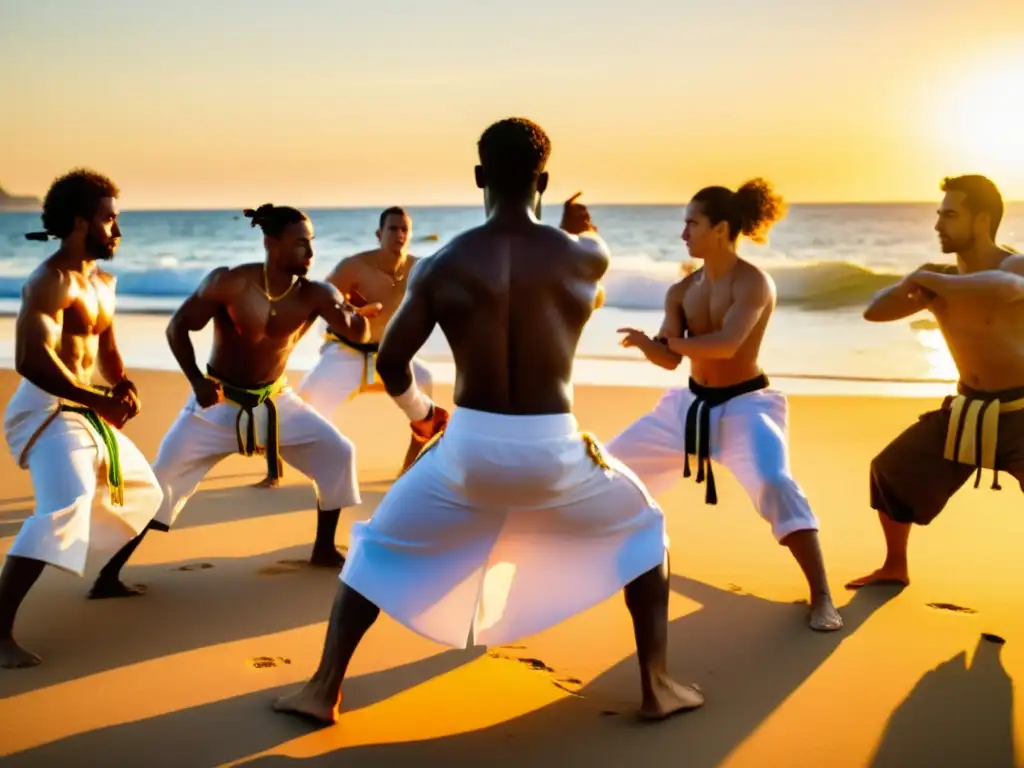 Un mestre de capoeira realiza una secuencia dinámica al atardecer en la playa, rodeado de una audiencia diversa y cautivada