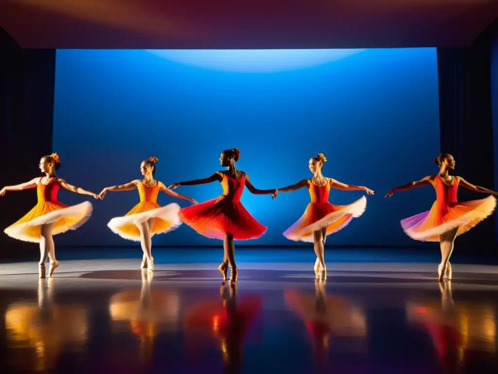 Metodologías didácticas cursos online danza: Bailarines virtuales ejecutan coreografías con pasión y elegancia, iluminados por un suave foco