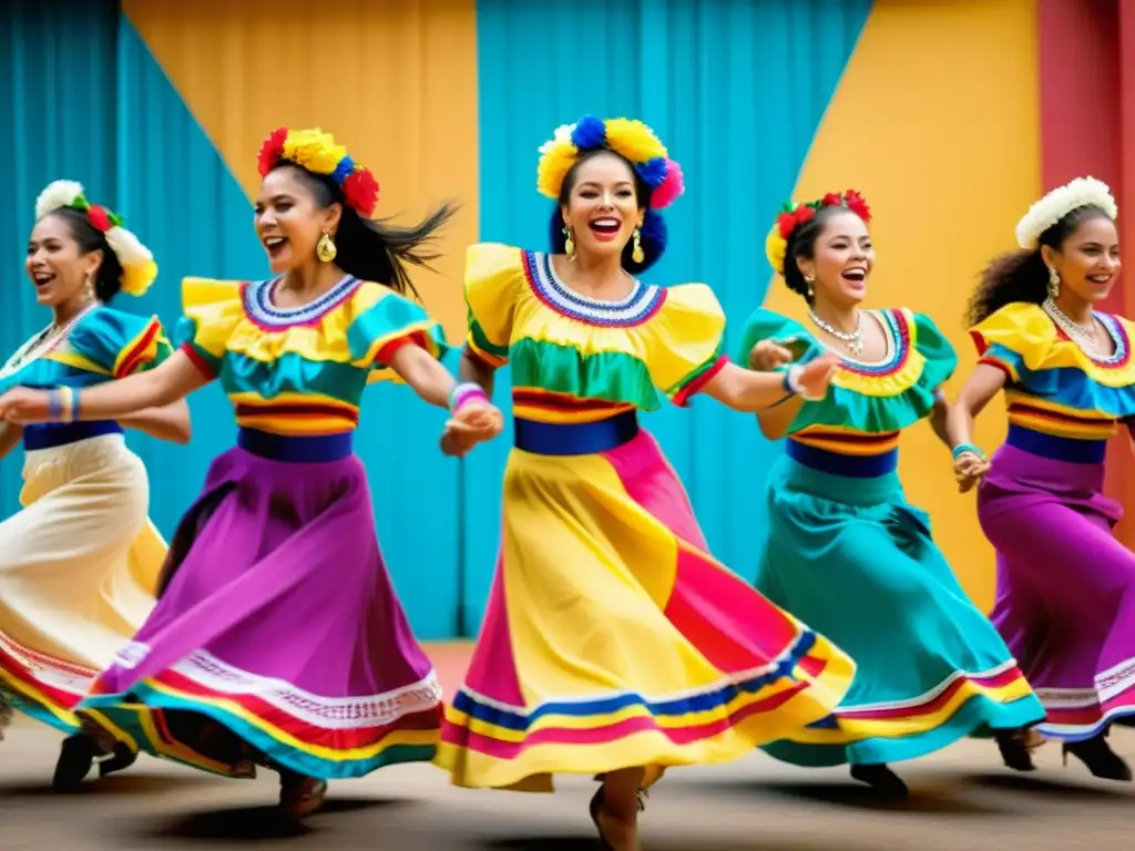 Métodos educativos en la cumbia colombiana: Grupo de bailarines cumbieros vestidos de colores, expresando la pasión y tradición de la danza