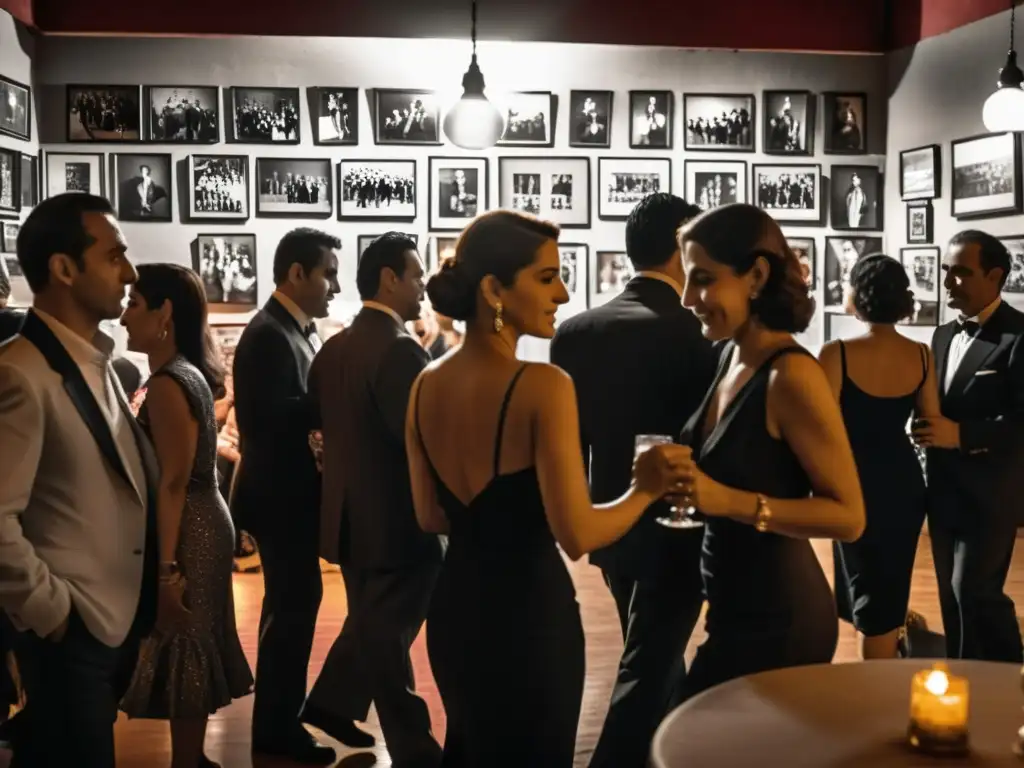 Una milonga en Buenos Aires, llena de parejas bailando tango, con posters vintage y fotos históricas en las paredes