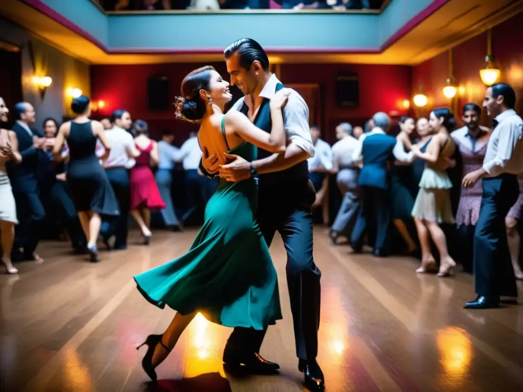 Una milonga llena de vida en Buenos Aires, con bailarines de tango deslizándose con pasión