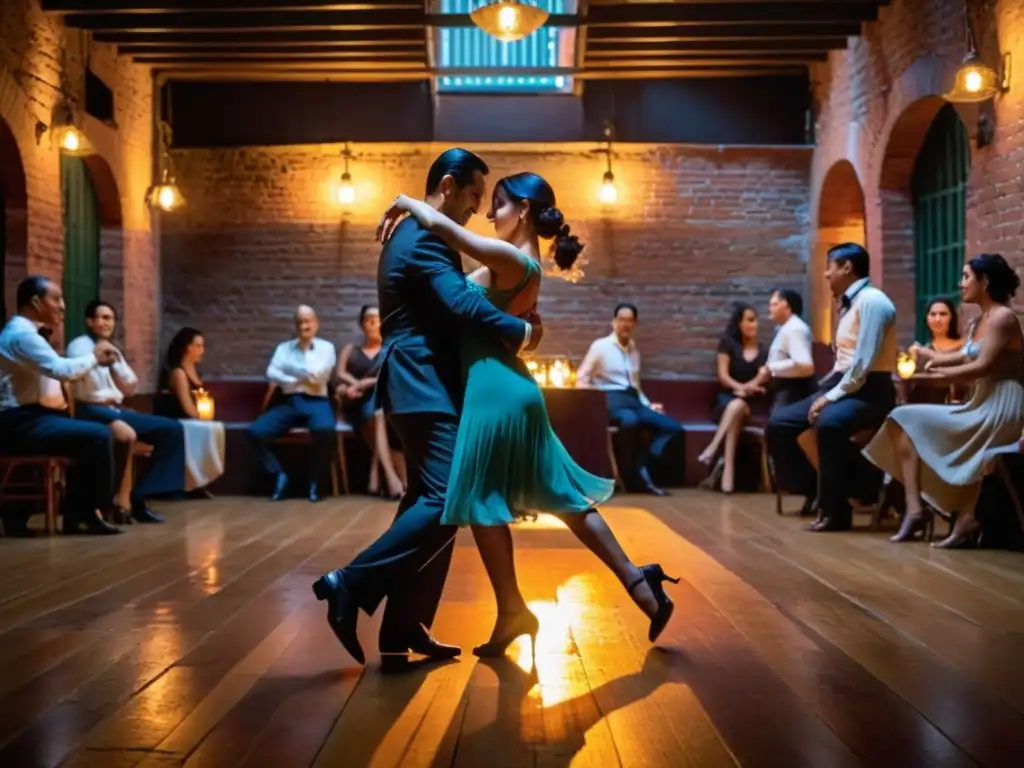 Una milonga en Buenos Aires con parejas bailando tango, reflejando el significado cultural de la milonga en Argentina