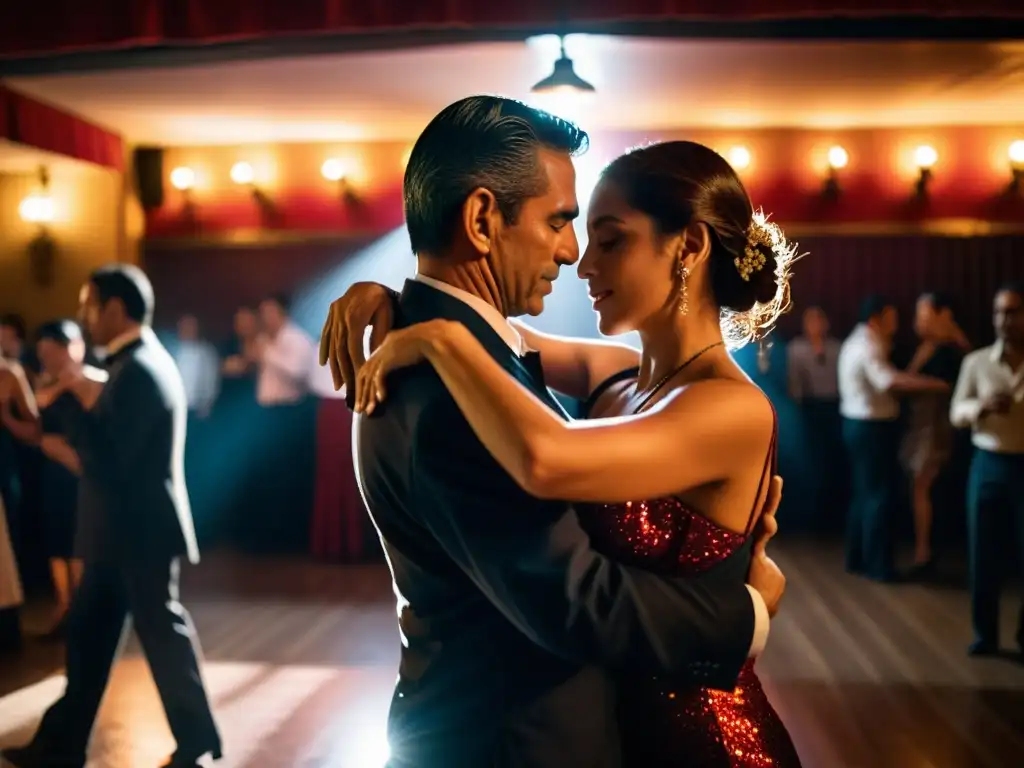 Una milonga tradicional en Buenos Aires, con parejas apasionadas bailando tango