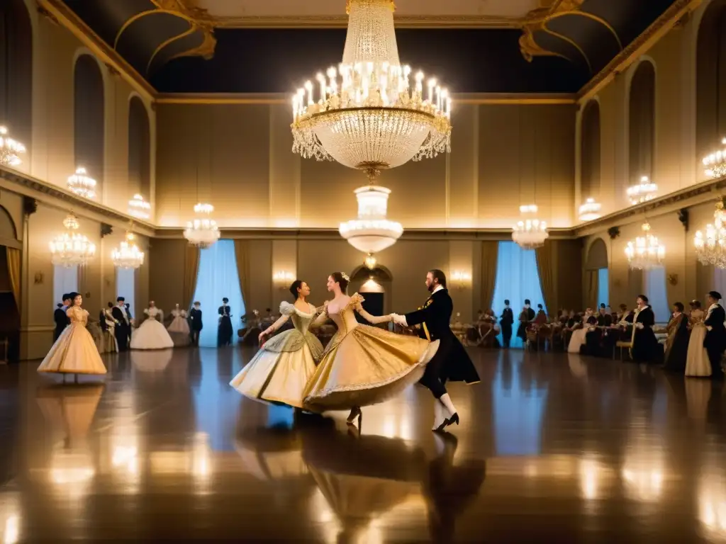 Un minué elegante en un lujoso salón del siglo XVII, evocando la historia de la evolución de la danza con movimientos precisos y vestimenta detallada