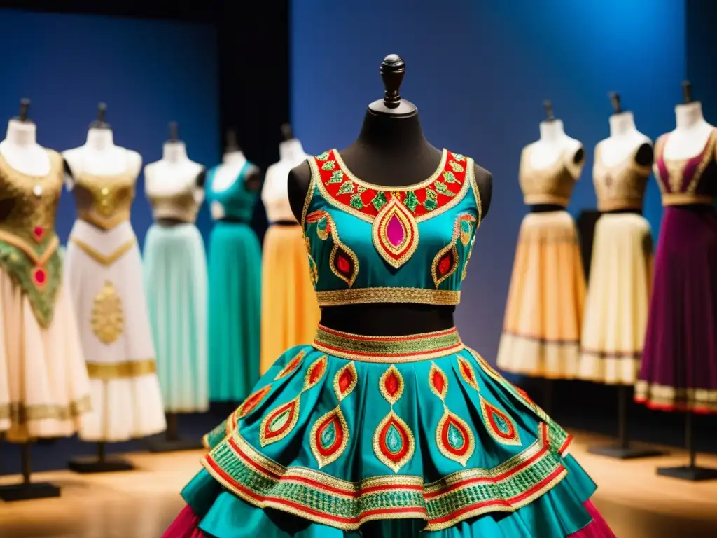 Exhibición de moda de danza: trajes vibrantes y culturales en ambiente cálido y cautivador