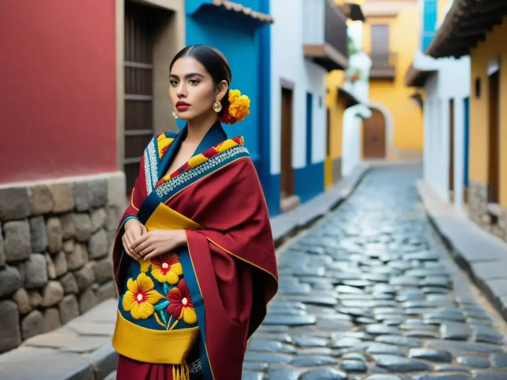 La modelo luce un rebozo mexicano tradicional sobre una calle empedrada, creando una reinterpretación de trajes tradicionales diseño