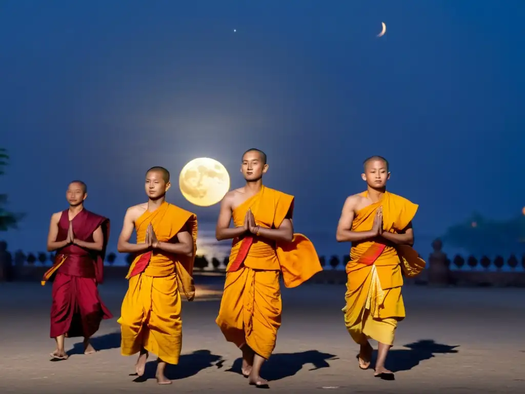 Monjes budistas en saffron danzando bajo la luna llena, transmitiendo un profundo significado cultural y espiritual