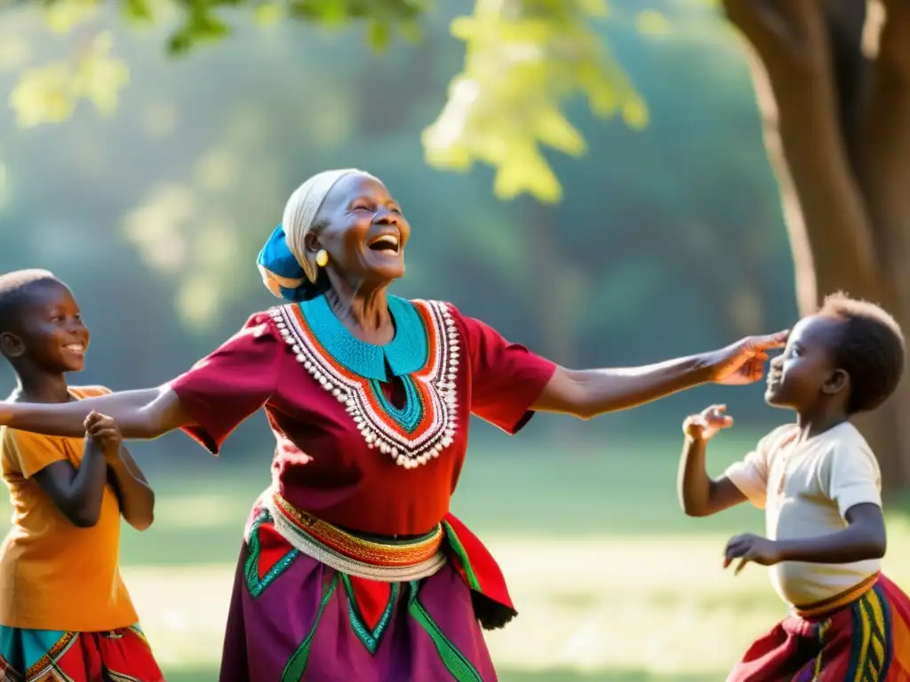 Una mujer africana mayor danza con niños en un claro soleado, transmitiendo sabiduría y alegría en un aprendizaje intergeneracional danza africana