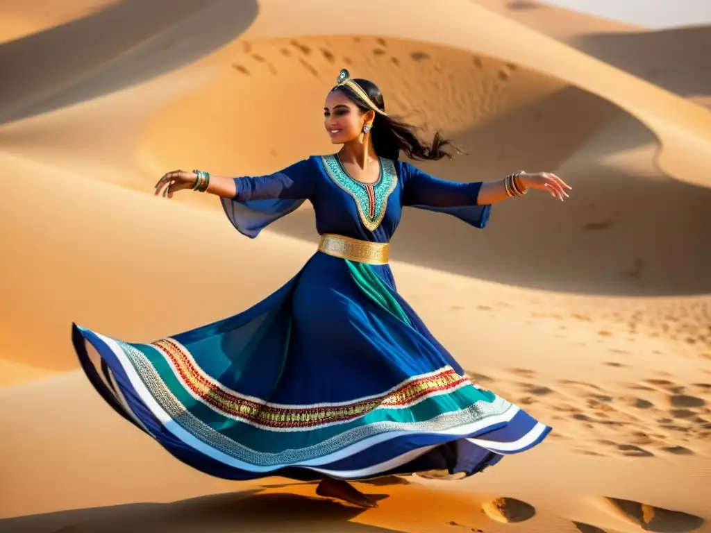 Una mujer egipcia vistiendo ropa tradicional, danzando con gracia en un ritual, rodeada de espectadores asombrados