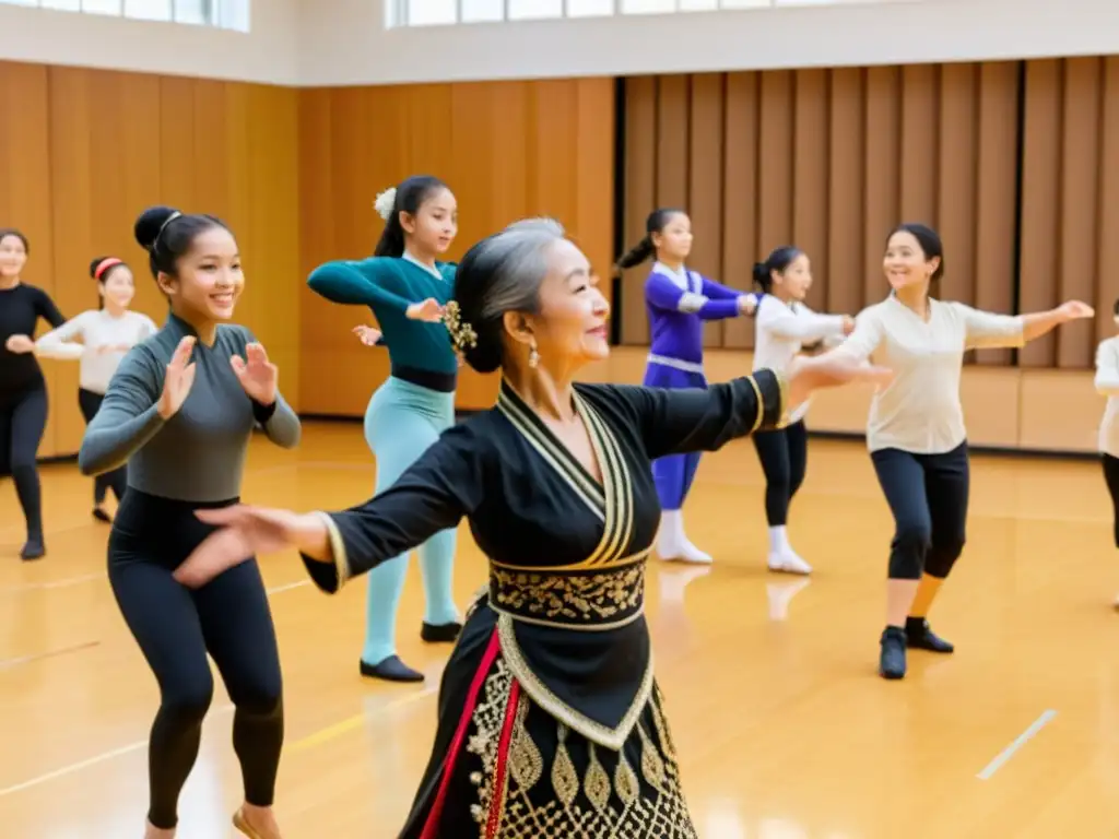 Una mujer mayor lidera con gracia a estudiantes de diferentes edades en una clase de danzas asiáticas en un estudio luminoso y amplio