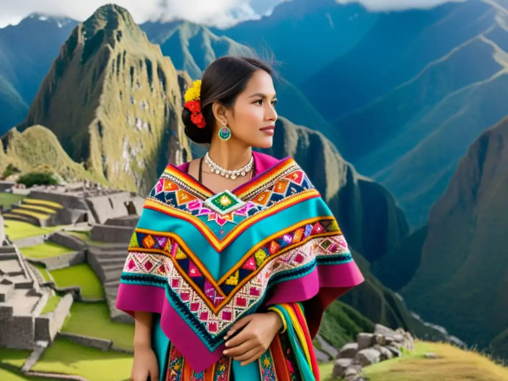 Una mujer peruana viste una colorida pollera con bordados andinos, reflejando el significado cultural de los trajes típicos en Perú