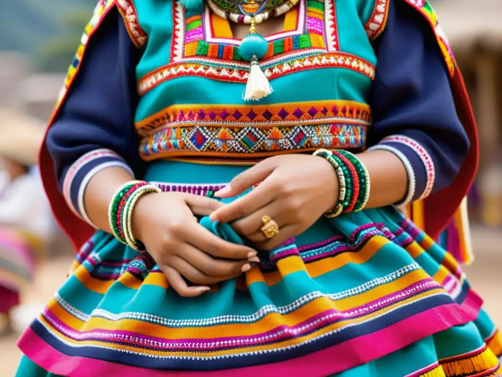 Arte textil peruano: tradición y color Una mujer peruana con traje típico bordado, joyas y tejido, en un animado mercado