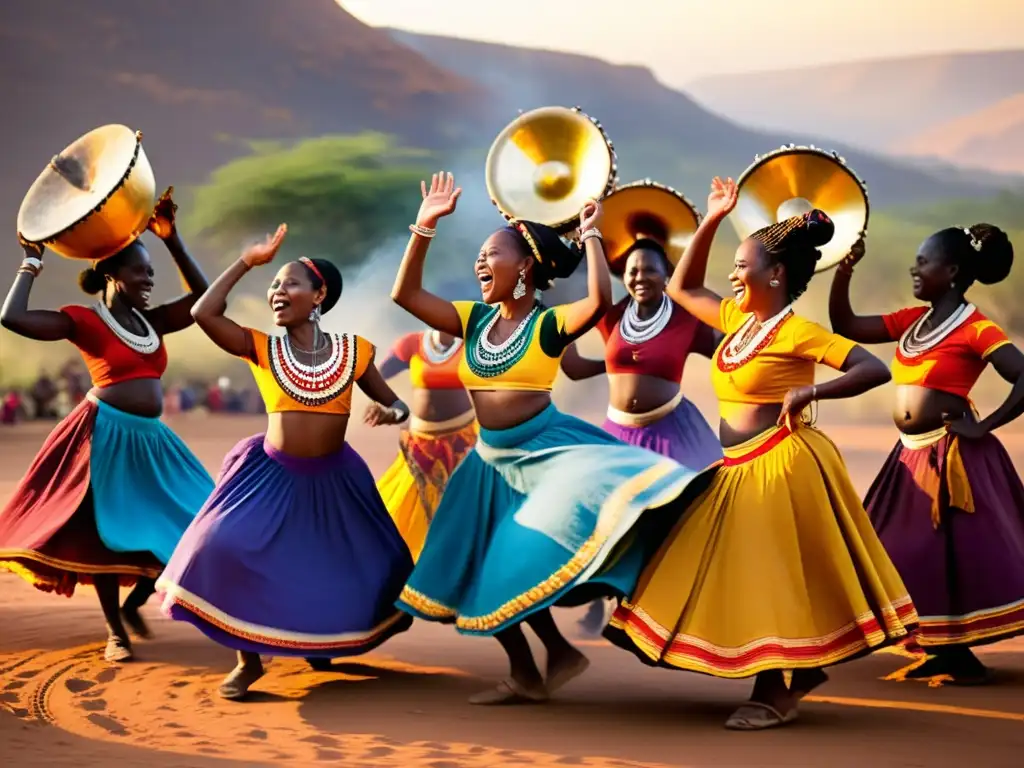 Mujeres africanas bailando en círculo alrededor de una fogata al atardecer, expresando celebración y rituales de fertilidad