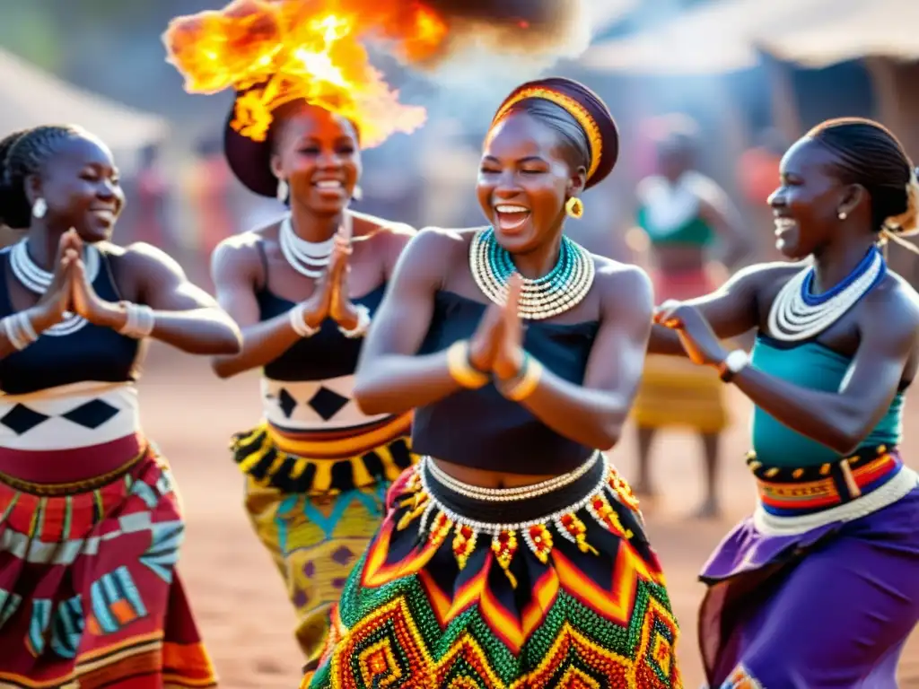 Mujeres africanas danzan alrededor del fuego con vestimenta tradicional, expresando alegría y concentración