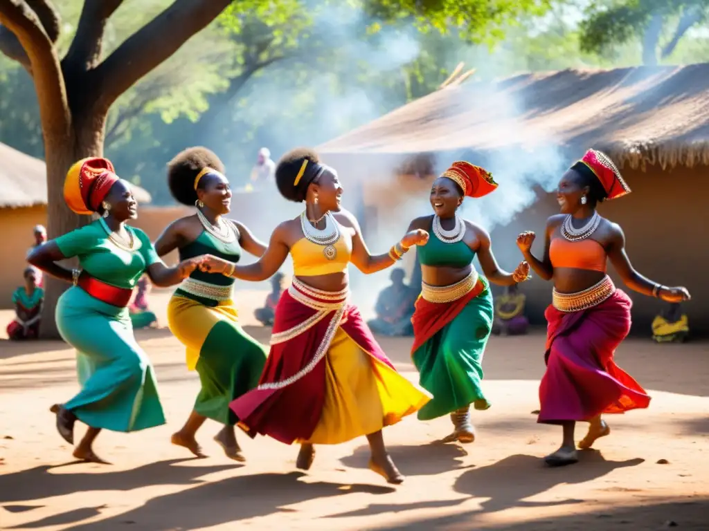 Mujeres africanas danzan con gracia y alegría alrededor del fuego, mostrando la importancia de su papel en las tradiciones de danza africana