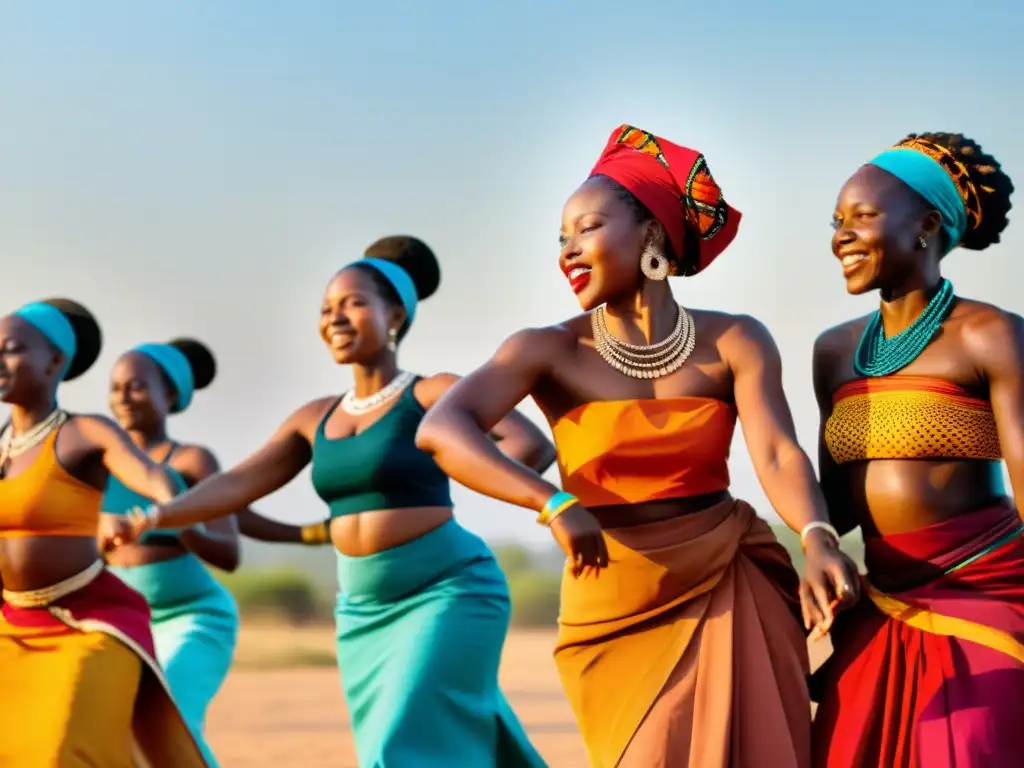 Mujeres africanas vistiendo ropa tradicional, bailando en círculo bajo el cielo abierto, expresando empoderamiento a través de la danza africana