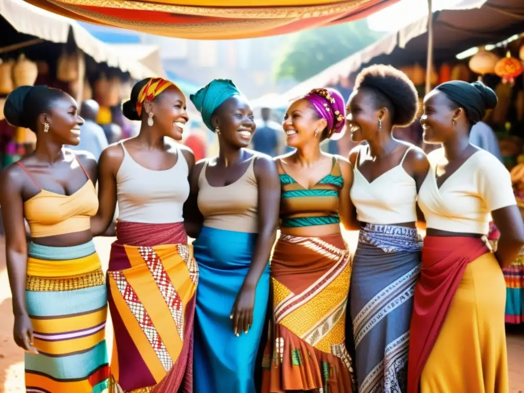 Mujeres africanas en vibrante mercado, expresando comunidad y riqueza cultural