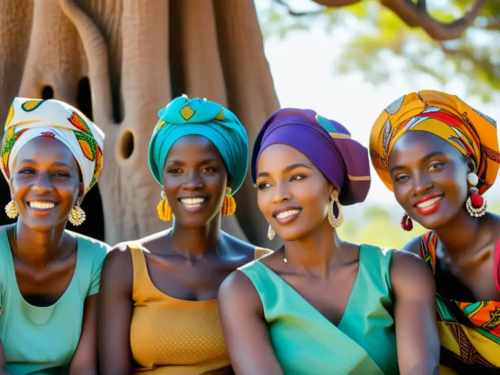 Mujeres africanas con vibrantes turbantes bajo un baobab, compartiendo historias y risas