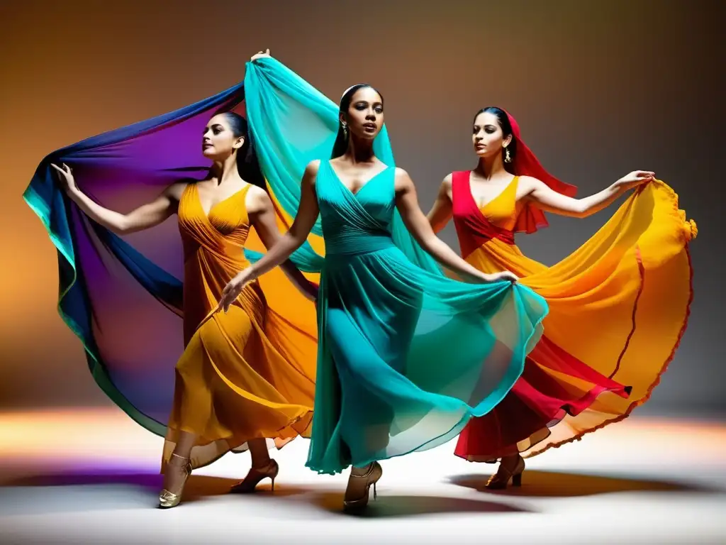 Mujeres bailando la Danza de los 7 Velos con gracia y pasión, envueltas en coloridos velos