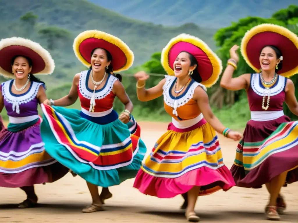 Mujeres bailando con exuberancia la Danza del Palo de Mayo nicaragüense en vestidos tradicionales coloridos, celebrando con orgullo cultural