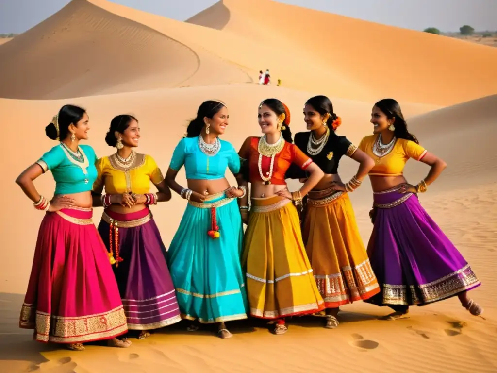 Mujeres de Rajasthan bailando en el Festival de Danza Jaisalmer desierto, con trajes tradicionales y coloridos