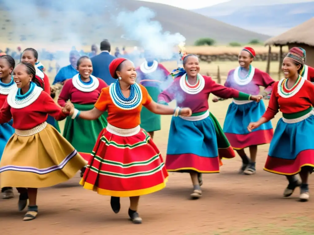 Mujeres Sotho danzando alrededor del fuego en una ceremonia Umteyo, reflejando el significado cultural del Umteyo en Sudáfrica