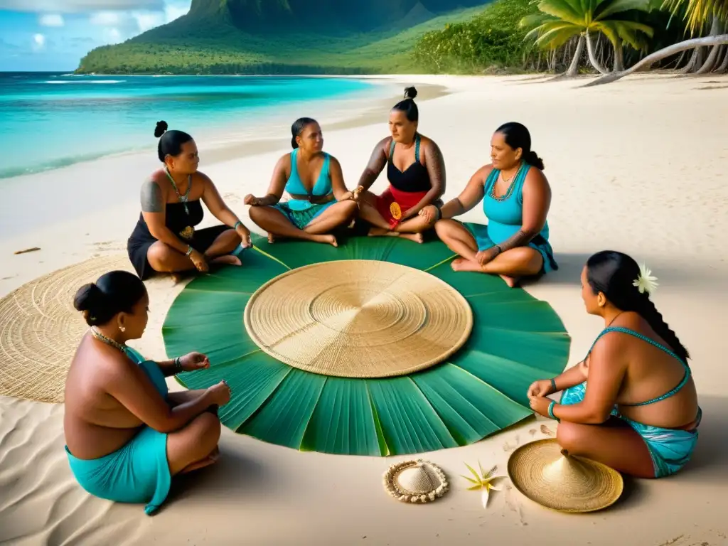 Mujeres de Tokelau tejiendo pate pate con orgullo cultural en la playa, con tatuajes tradicionales