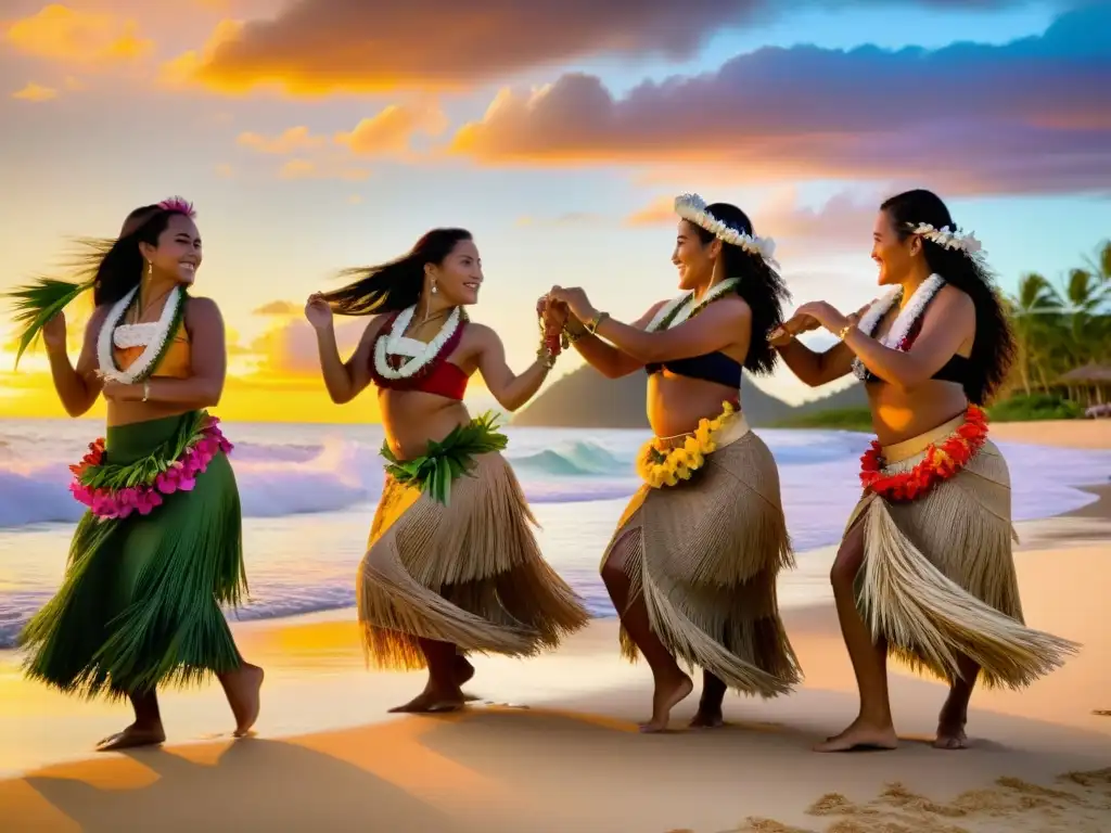 Mujeres polinesias danzando hula al atardecer en la playa