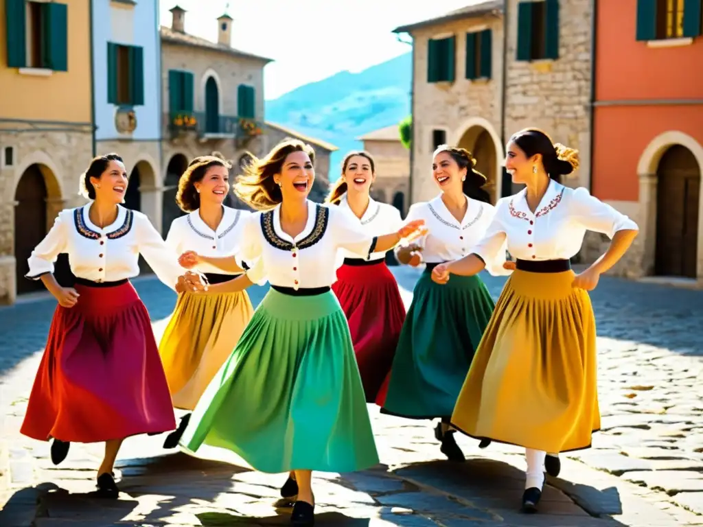 Mujeres bailando la Tarantella en un pueblo italiano, expresando alegría y vitalidad