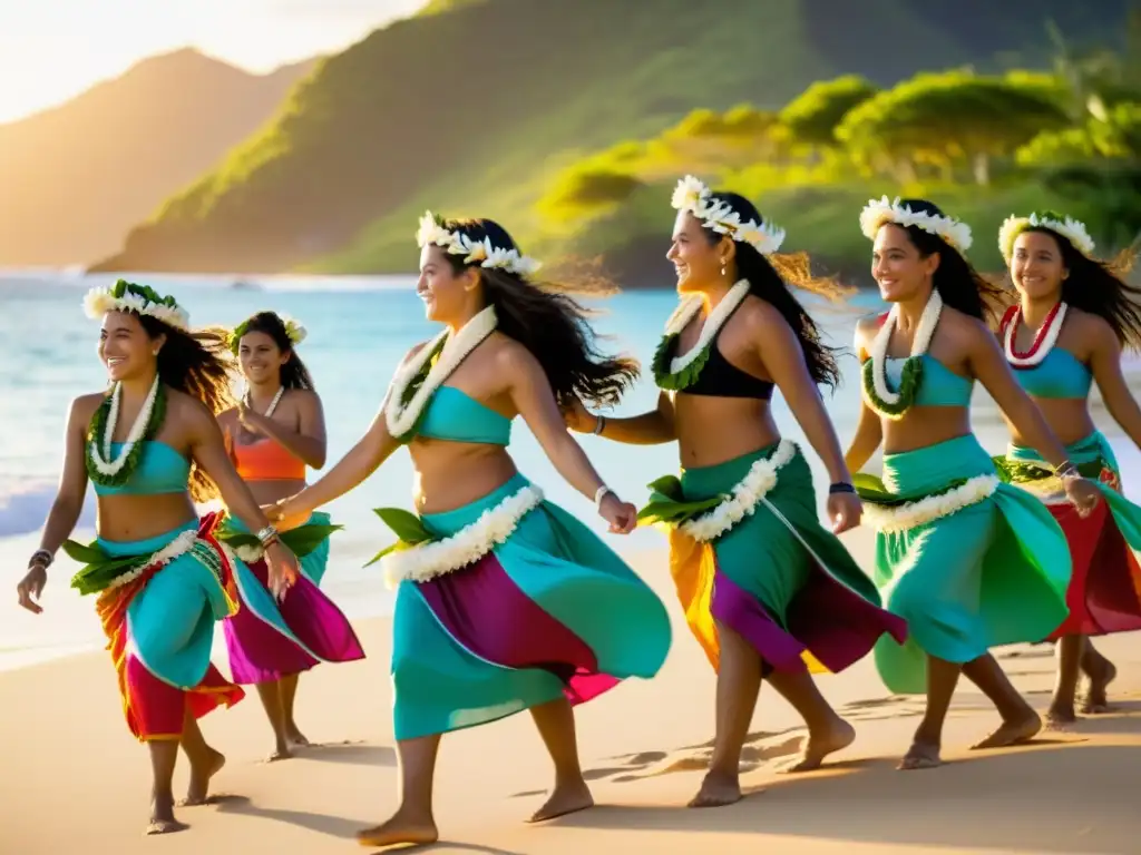 Mujeres tahitianas danzando el Tamure en la playa al atardecer, con pareos y guirnaldas de flores