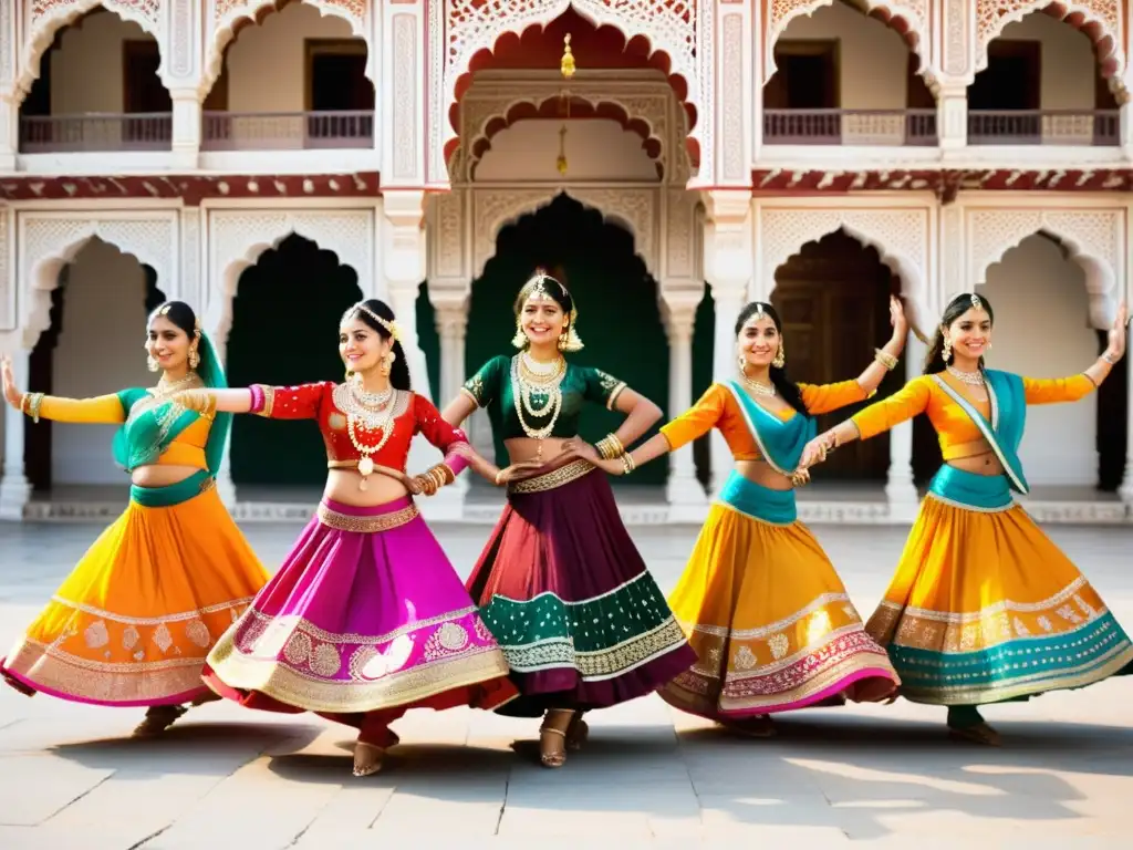 Mujeres en trajes típicos Festival Danza Udaipur bailando en círculo, con el Palacio de la Ciudad de Udaipur de fondo