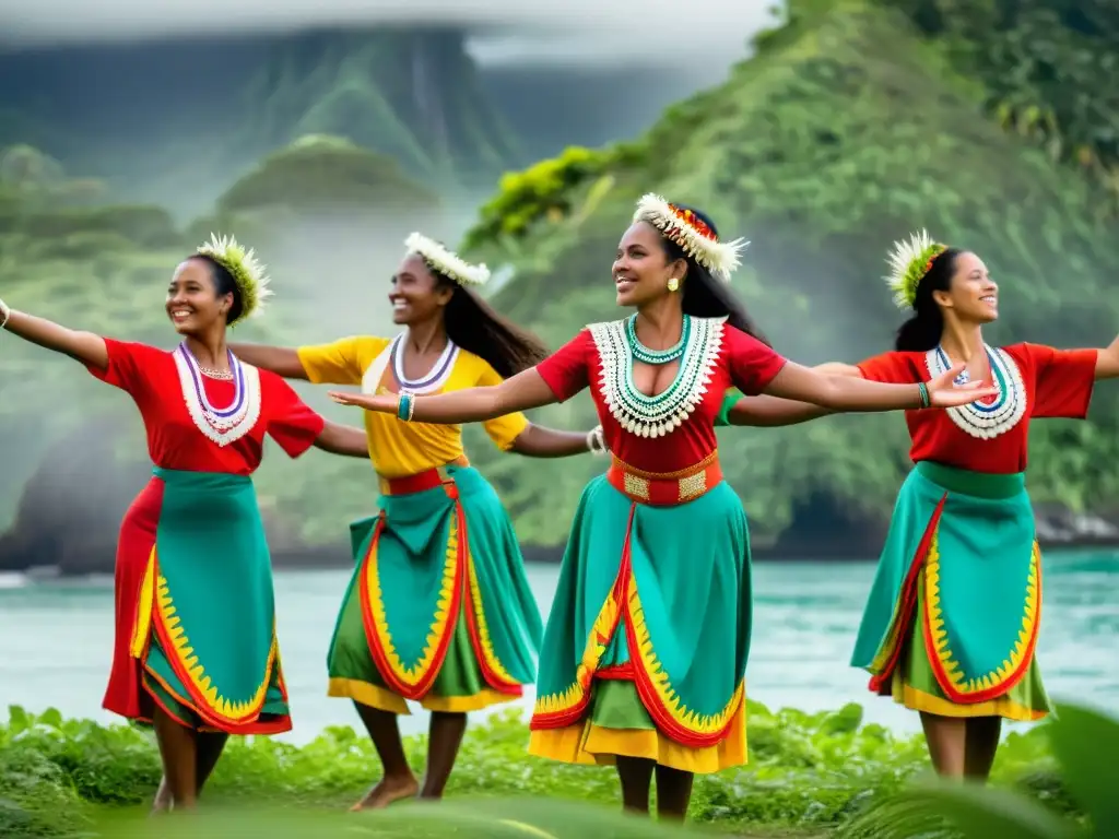 Mujeres en trajes tradicionales de Oceanía danzan en círculo, expresando la importancia del papel de la mujer en las danzas tradicionales de Oceanía