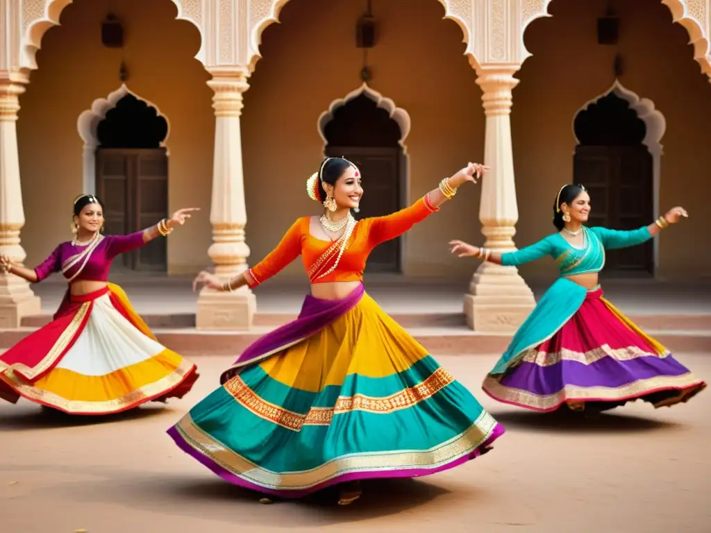 Mujeres en trajes tradicionales de Rajasthan bailando la Danza Ghoomar frente a un majestuoso palacio rajasthani