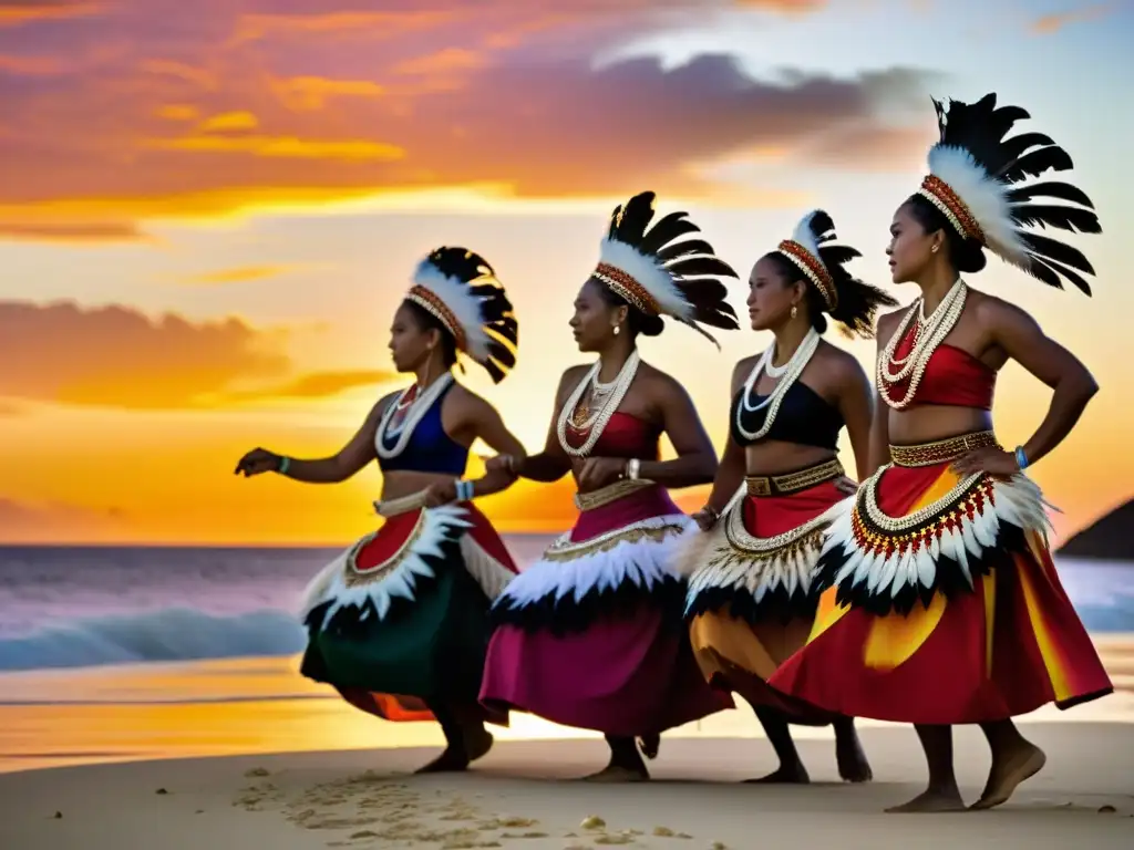 Mujeres danzando con trajes tradicionales en la hermosa puesta de sol de una isla del Pacífico, mostrando la importancia del papel de la mujer en las danzas tradicionales de Oceanía