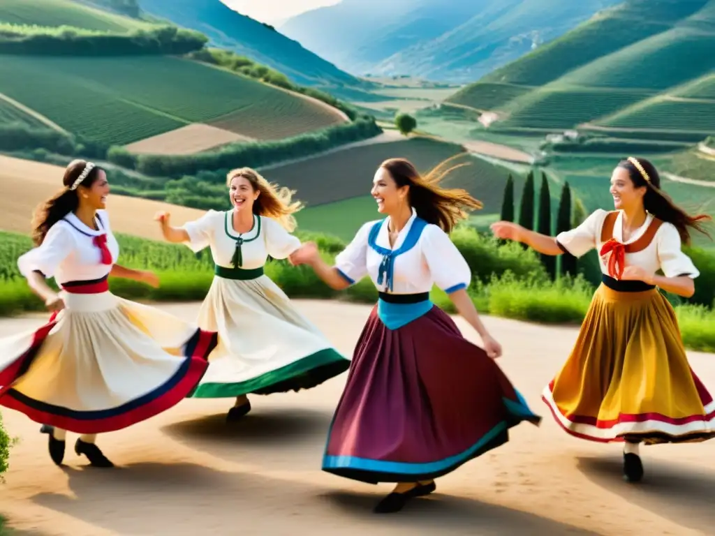 Mujeres bailando en trajes tradicionales del sur de Italia, enérgicas y alegres, en un ritual de tarantismo