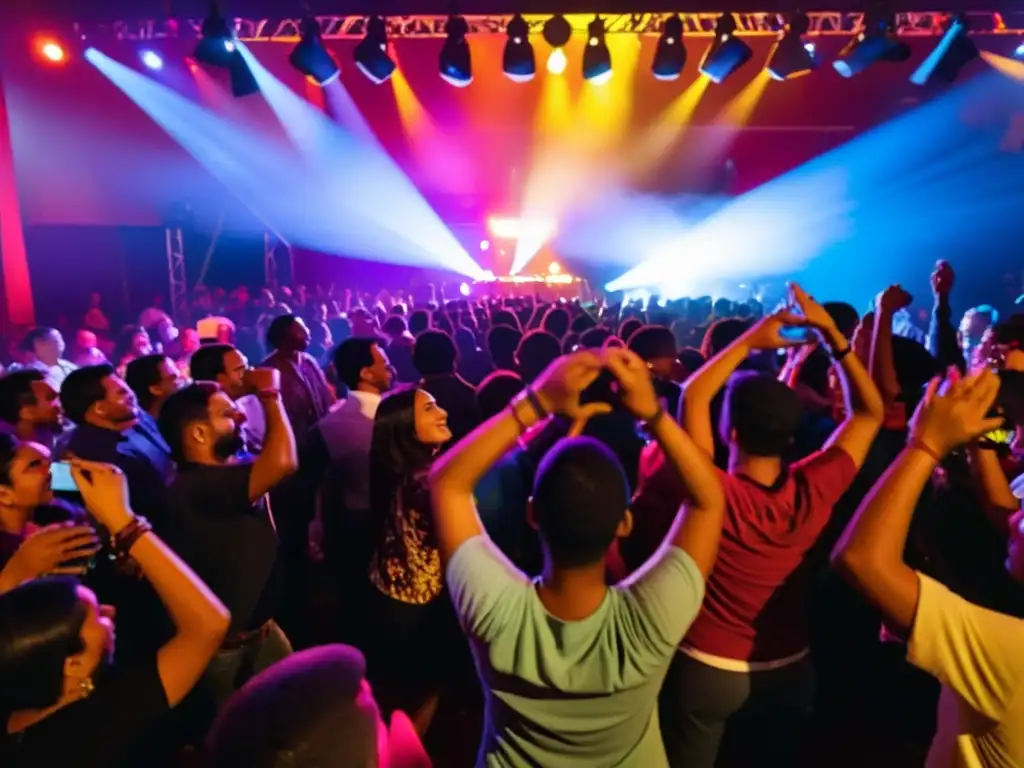 Una multitud bailando en un concierto de cumbia villera, con luces vibrantes iluminando la escena colorida