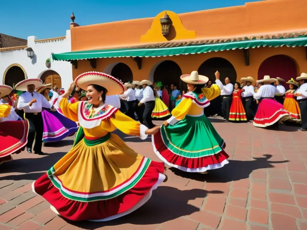 Multitud exuberante bailando La Raspa mexicana tradicional, atuendos coloridos, música alegre, celebración cultural y alegría comunitaria