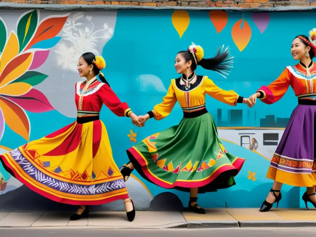 Un mural vibrante muestra danzas patrimoniales en detallados trajes coloridos, con danzantes en poses dinámicas