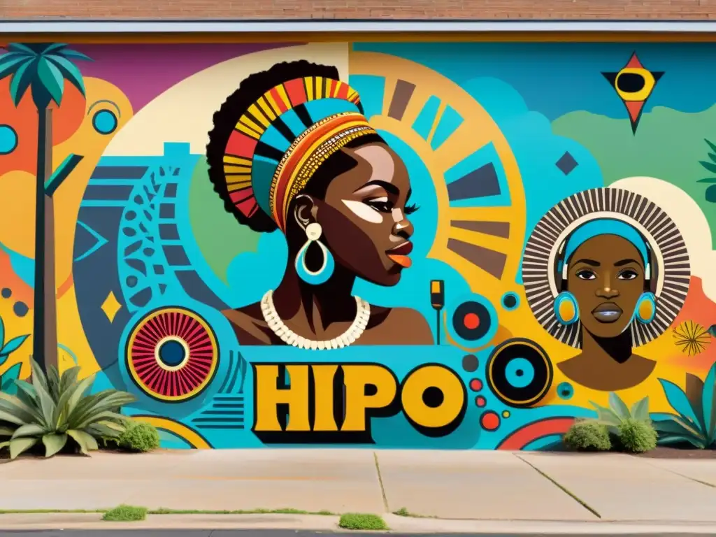 Un mural vibrante y enérgico que muestra las raíces africanas del hip hop a través de elementos culturales y símbolos de la música y el arte urbano