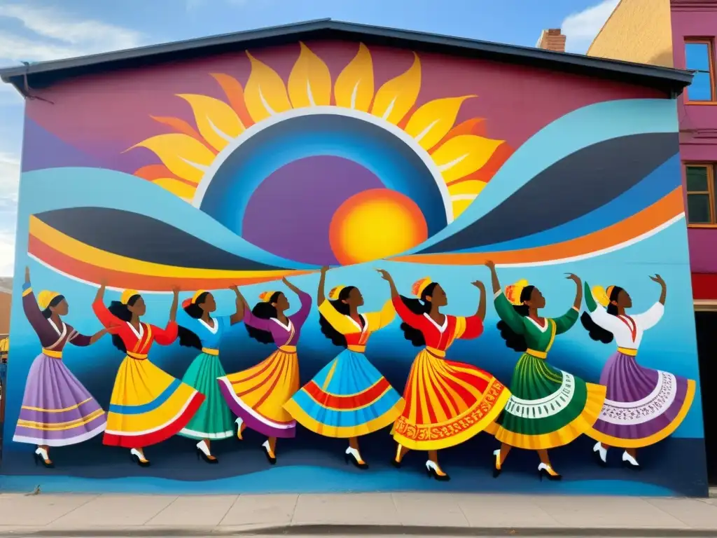 Un mural vibrante y de gran tamaño muestra danzas patrimoniales en un entorno urbano bullicioso, capturando la esencia cultural