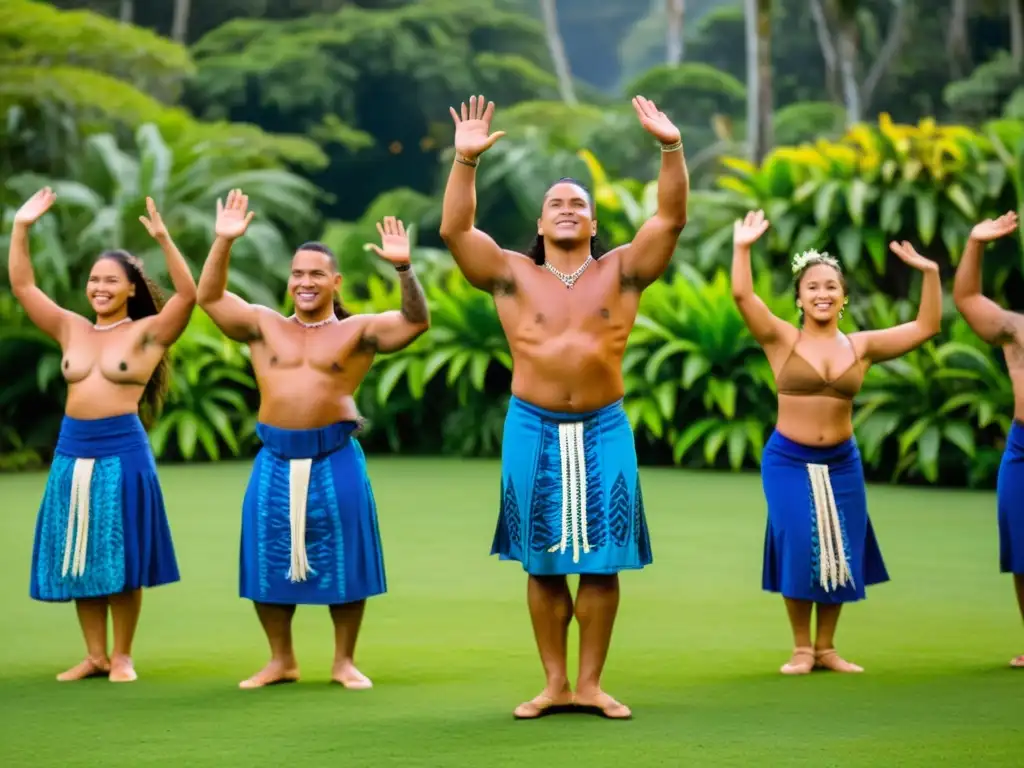 Sincronía musical en la danza tradicional de Samoa, con bailarines en trajes vibrantes entre la exuberante vegetación