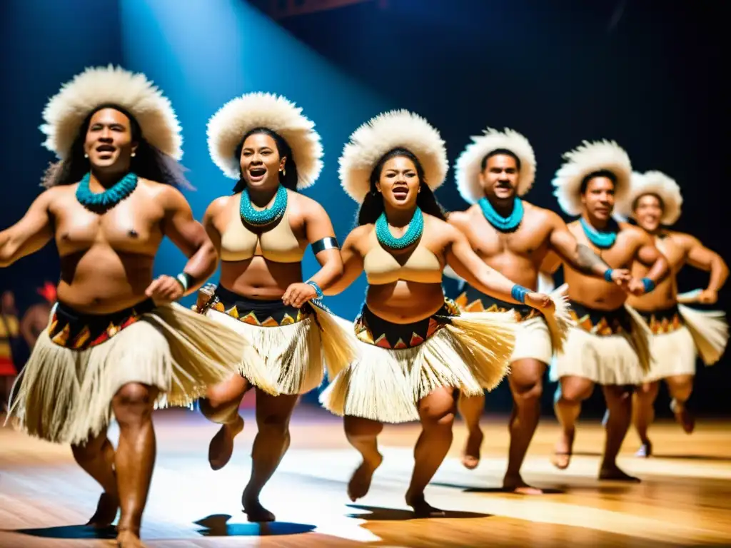 Sincronía musical danzas Samoa: Grupo de bailarines samoanos con trajes tradicionales, danzando al ritmo de instrumentos de percusión