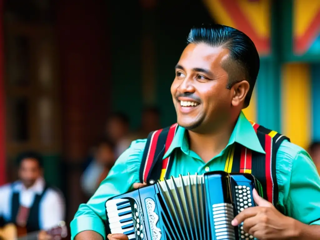 Un músico de Vallenato toca el acordeón con pasión, vistiendo atuendo tradicional colombiano mientras la gente disfruta la danza