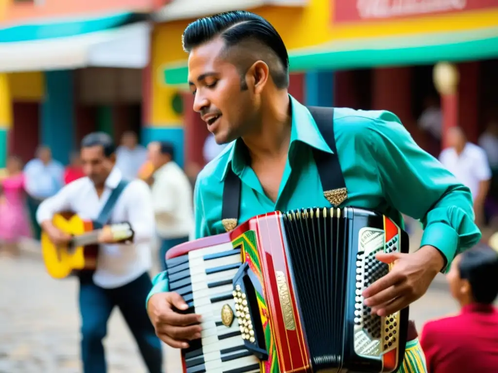 Un músico hábil toca el acordeón vallenato en una plaza colombiana bulliciosa, rodeado de una audiencia cautivada y colores vibrantes