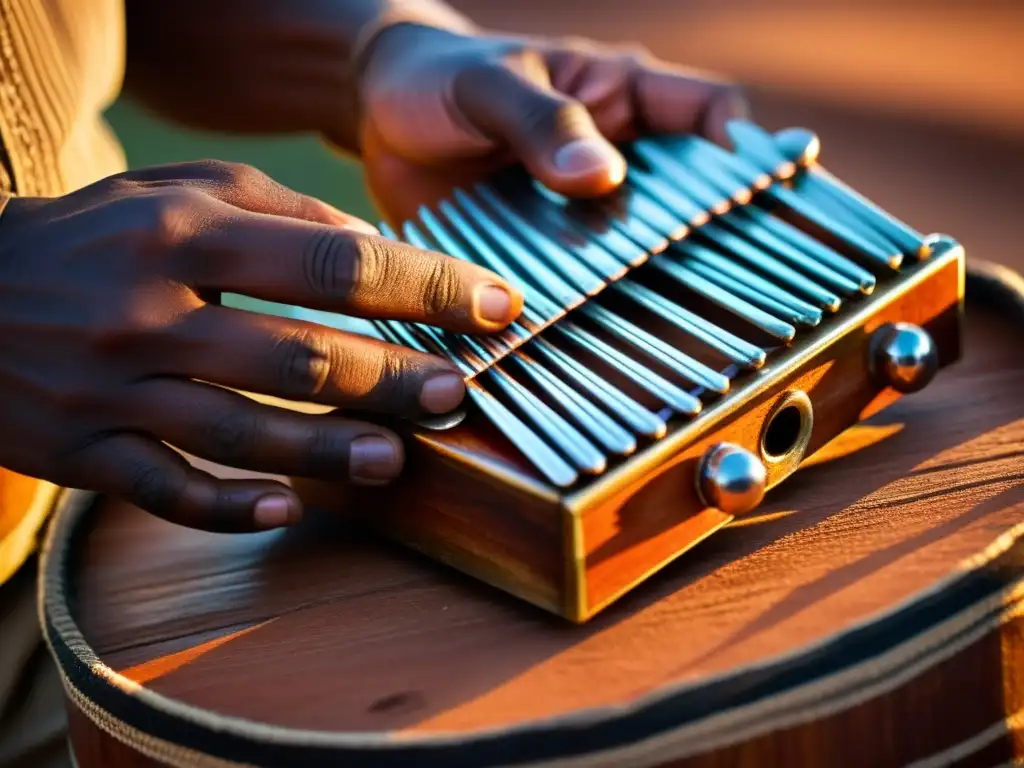 Un músico africano toca con maestría el kalimba al atardecer, mostrando el origen y técnica del kalimba africano